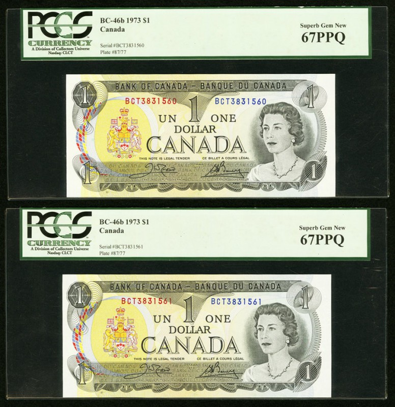 Canada Bank of Canada $1 1973 BC-46b Two Consecutive Examples PCGS Superb Gem Ne...