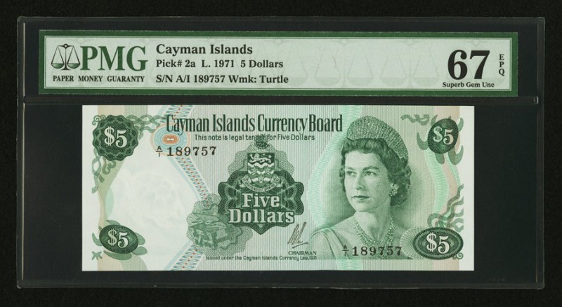 Cayman Islands Currency Board 5 Dollars 1971 Pick 2a PMG Superb Gem Unc 67 EPQ. ...