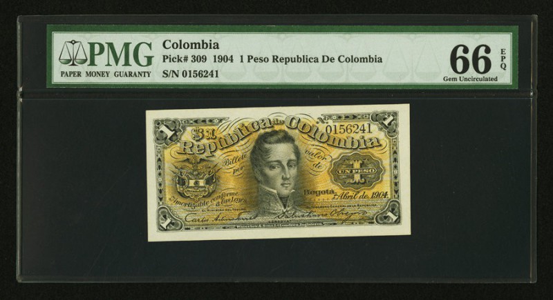 Colombia Republica de Colombia 1 Peso 4.1904 Pick 309 PMG Gem Uncirculated 66 EP...