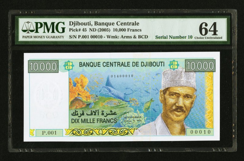 Serial Number 10 Djibouti Banque Centrale 10,000 Francs ND (2005) Pick 45 PMG Ch...