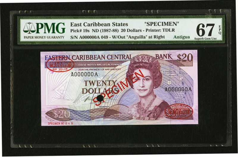 East Caribbean States Central Bank 20 Dollars ND (1987-88) Pick 19s Specimen PMG...