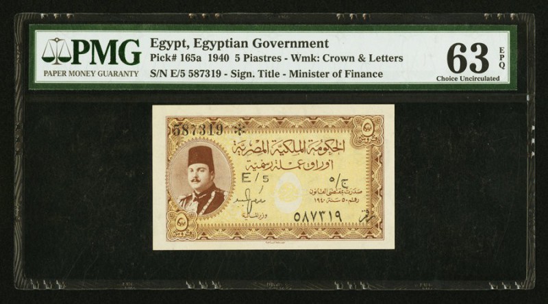 Egypt Egyptian Government 5 Piastres 1940 Pick 165a PMG Choice Uncirculated 63 E...