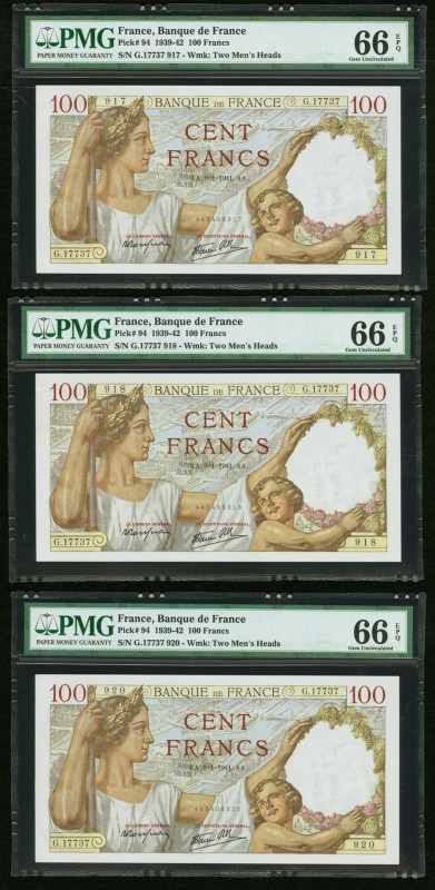 France Banque de France 100 Francs 9.1.1941 Pick 94 Three Examples PMG Gem Uncir...