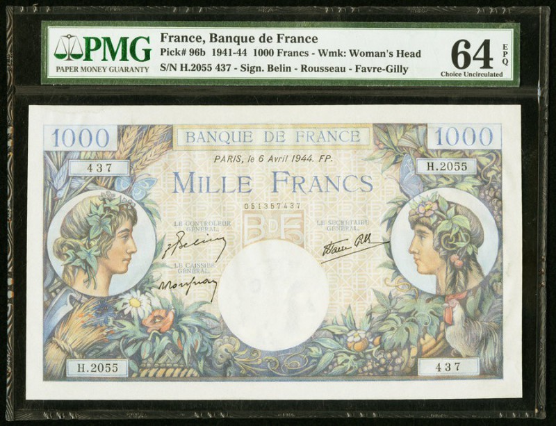 France Banque de France 1000 Francs 6.4.1944 Pick 96b PMG Choice Uncirculated 64...