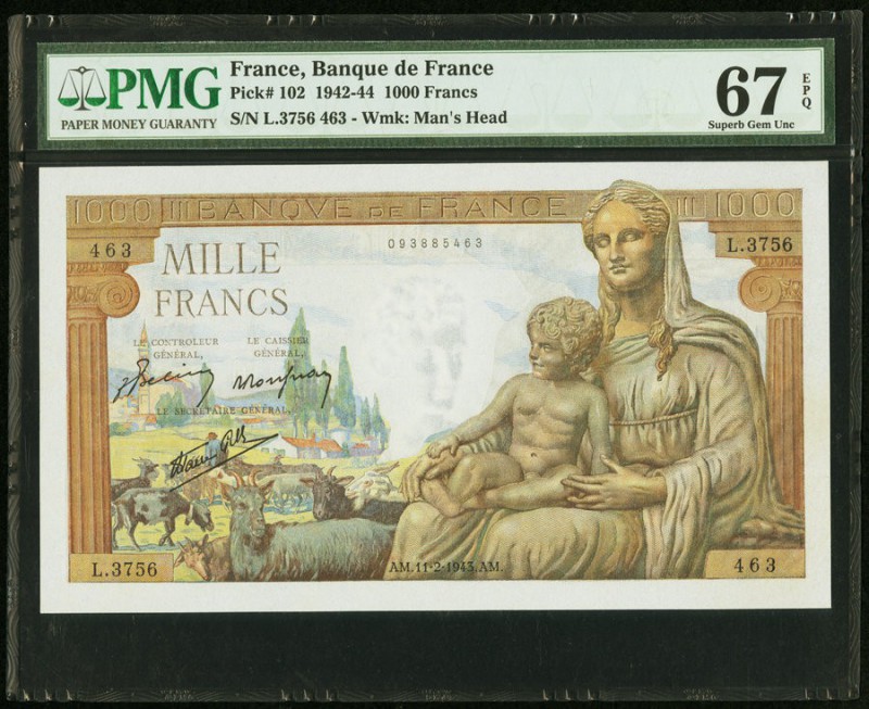 France Banque de France 1000 Francs 11.2.1943 Pick 102 PMG Superb Gem Unc 67 EPQ...