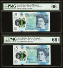 Great Britain Bank of England 5 Pounds 2015 Pick 394 Matching Serial Number Pair PMG Gem Uncirculated 66 EPQ. Matching serial numbers with AK02 and AK...
