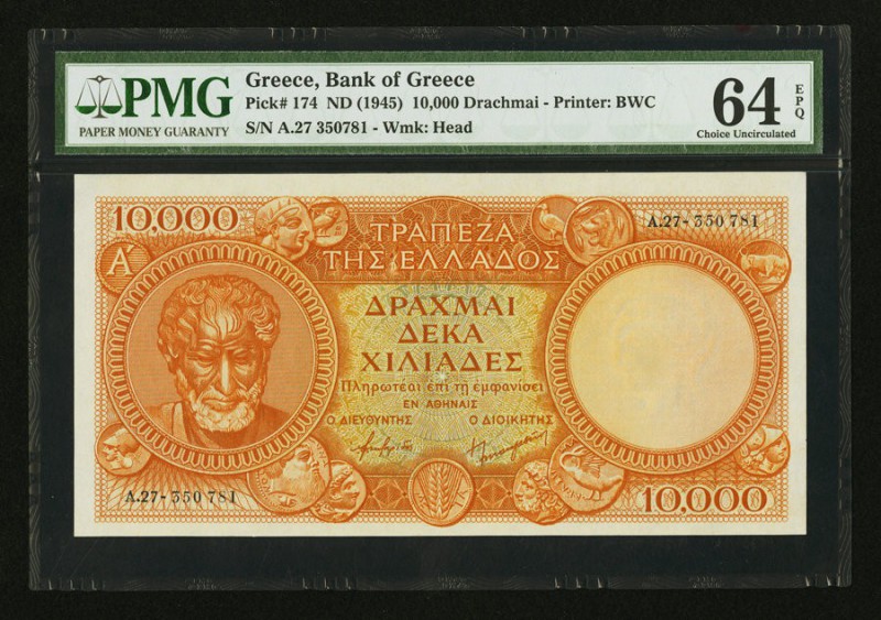 Greece Bank of Greece 10,000 Drachmai Nd (1945) Pick 174 PMG Choice Uncirculated...