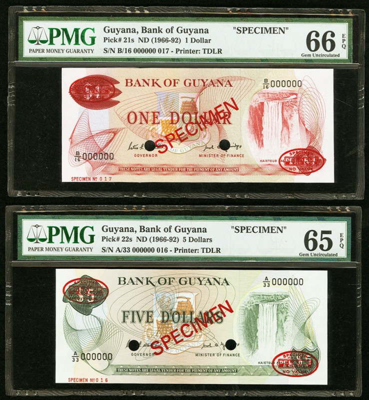 Guyana Bank of Guyana 1 Dollar; 5 Dollars ND (1966-92) Picks 21s; 22s Specimens ...