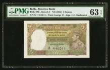 India Reserve Bank of India 5 Rupees ND (1943) Pick 18b PMG Choice Uncirculated 63 EPQ. Staple holes at issue.

HID09801242017