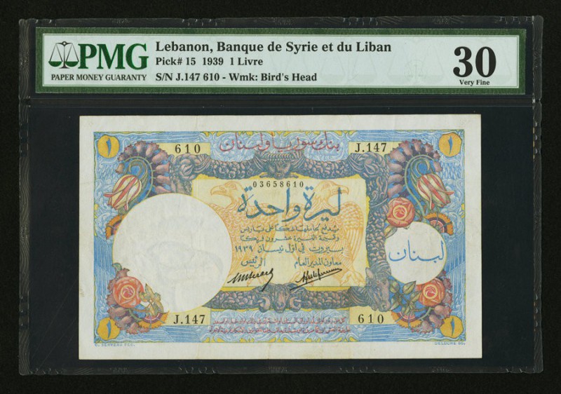Lebanon Banque de Syrie et du Grand-Liban 1 Livre 1939 Pick 15 PMG Very Fine 30....
