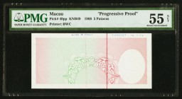Macau Banco Nacional Ultramarino 5 Patacas 1968 Pick 49pp Progressive Proof PMG About Uncirculated 55 Net. Printer's annotations; previously mounted.
...