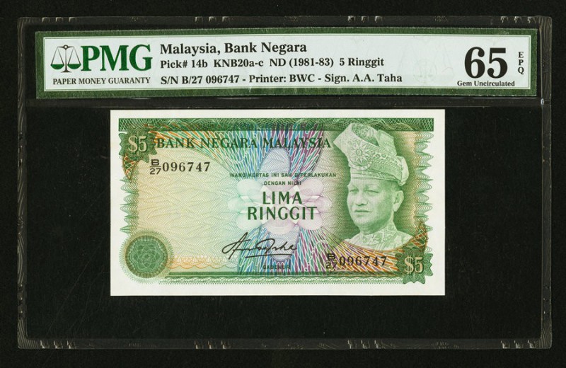 Malaysia Bank Negara 5 Ringgit ND (1981-83) Pick 14b PMG Gem Uncirculated 65 EPQ...