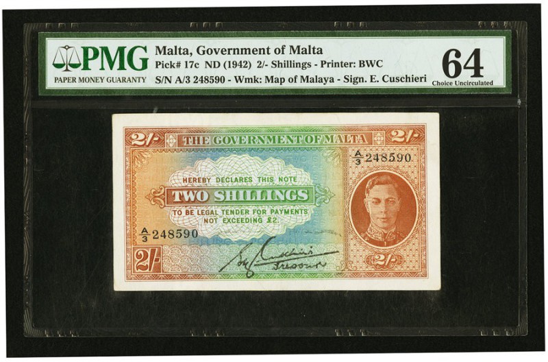 Malta Government of Malta 2 Shillings ND (1942) Pick 17c PMG Choice Uncirculated...