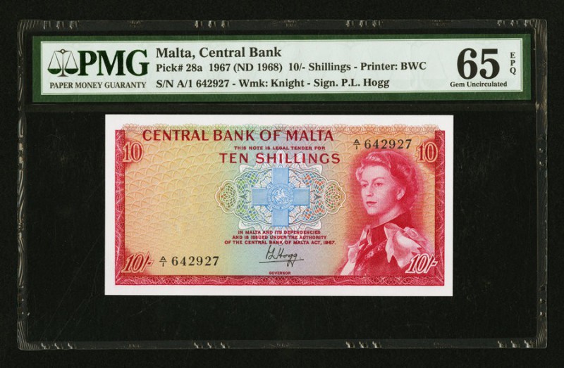 Malta Central Bank of Malta 10 Shillings 1967 (ND 1968) Pick 28a PMG Gem Uncircu...