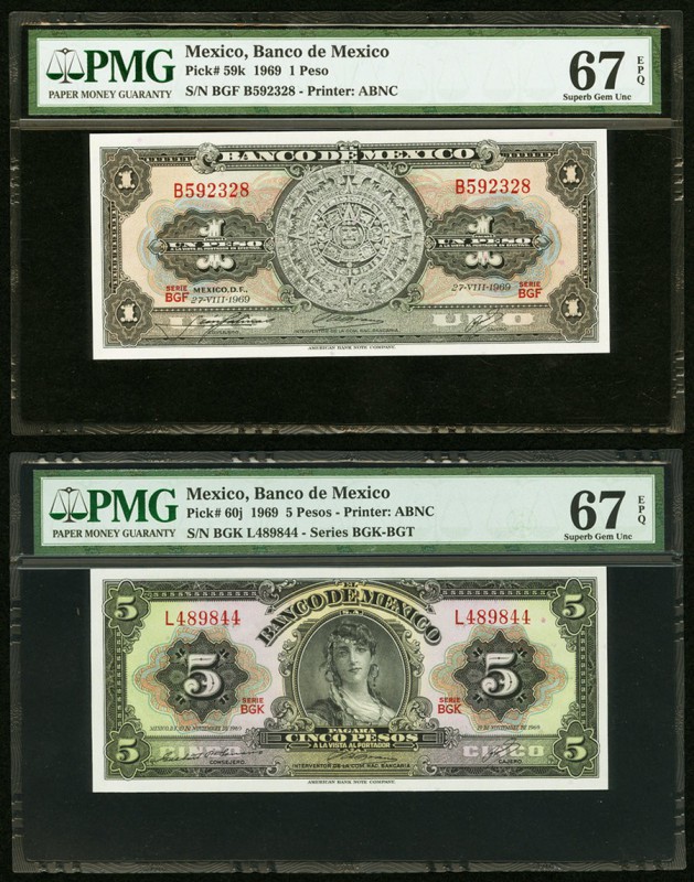 Mexico Banco de Mexico 1; 5 Pesos 1969 Pick 59k; 60j Two Examples PMG Superb Gem...