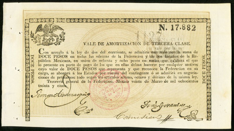 Mexico Bearer Bond 12 Pesos ND (ca. 1835) Pick UNL About Uncirculated. Few stapl...