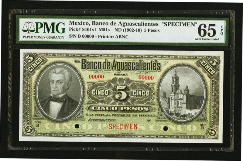 Mexico Banco De Aguascalientes 5 Pesos ND (1902-10) Pick S101s1 M51s Specimen PM...