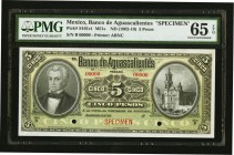 Mexico Banco De Aguascalientes 5 Pesos ND (1902-10) Pick S101s1 M51s Specimen PMG Gem Uncirculated 65 EPQ. Two POCs; printer's stamp.

HID09801242017