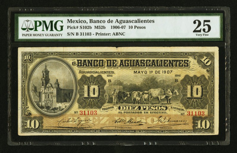 Mexico Banco De Aguascalientes 10 Pesos 1.5.1907 Pick S102b M52b PMG Very Fine 2...