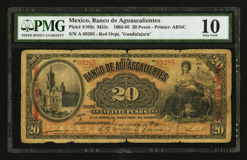 Mexico Banco De Aguascalientes 20 Pesos 1.10.1902 Pick S103c M53c PMG Very Good ...