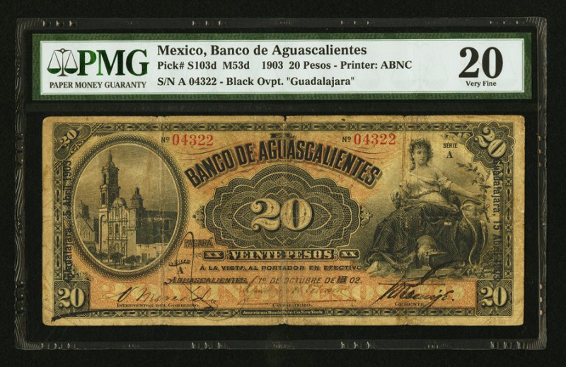 Mexico Banco De Aguascalientes 20 Pesos 15.4.1903 Pick S103d M53d PMG Very Fine ...