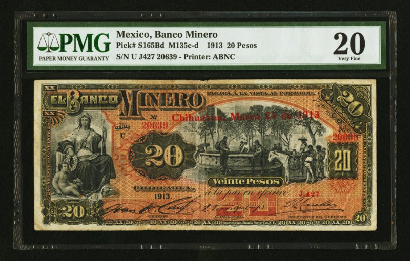 Mexico Banco Minero 20 Pesos 1913 Pick S165Bd M135c PMG Very Fine 20. 

HID09801...