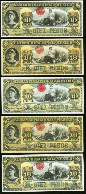 Mexico Banco Nacional de Mexico 10 Pesos 1912-13 M299e Five Examples Fine-Extrem...