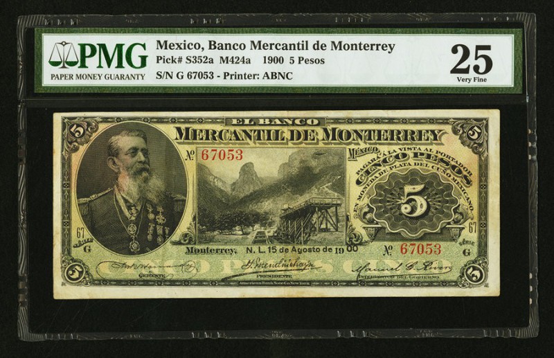 Mexico Banco Mercantil de Monterrey 5 Pesos 15.8.1900 Pick S352a M424a PMG Very ...