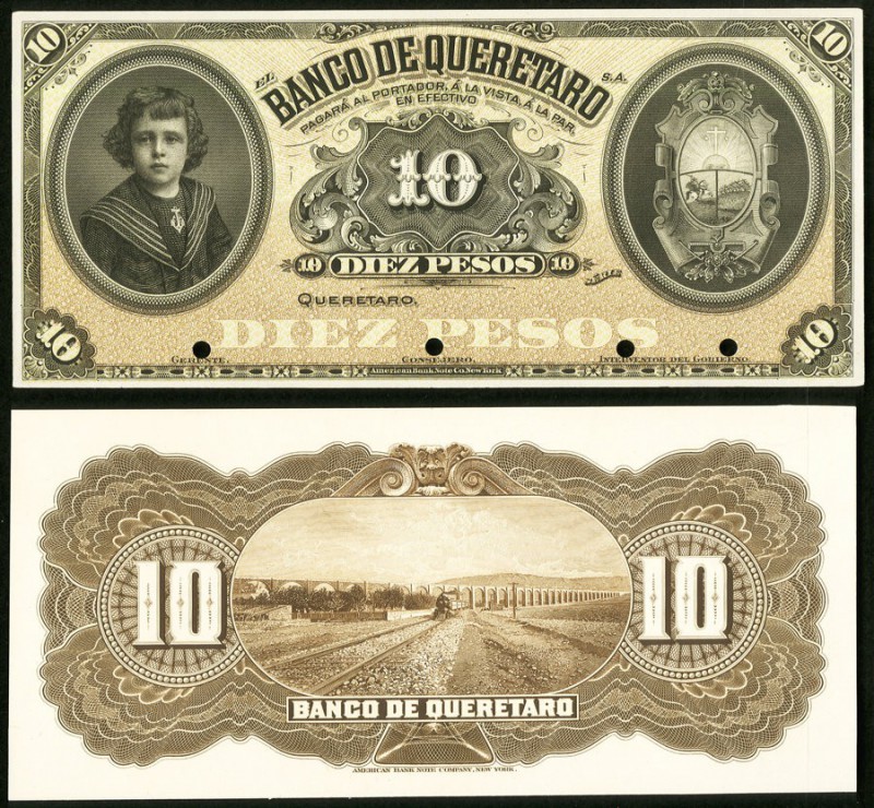 Mexico Banco de Queretaro 10 Pesos ND (1903-14) Pick S390p M474p Face and Back P...