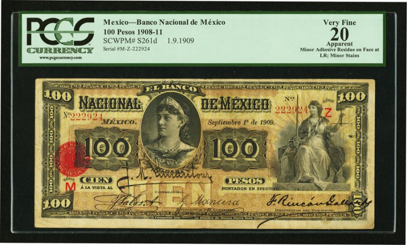 Mexico Banco Nacional de Mexicano 100 Pesos 1.9.1909 Pick S261d M302d PCGS Appar...