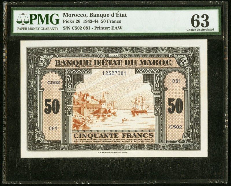 Morocco Banque d'Etat du Maroc 50 Francs 1.3.1944 Pick 26 PMG Choice Uncirculate...