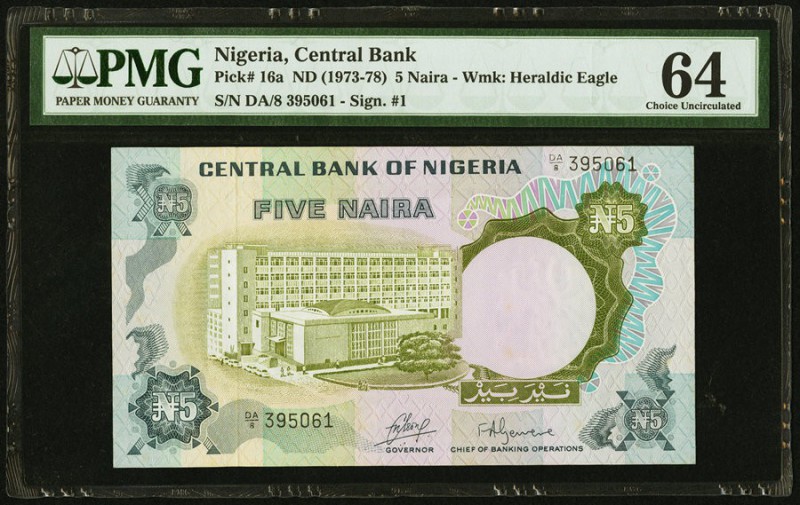 Nigeria Central Bank of Nigeria 5 Naira ND (1973-78) Pick 16a PMG Choice Uncircu...