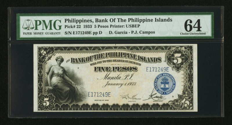 Philippines Bank of the Philippine Islands 5 Pesos 1.1.1933 Pick 22 PMG Choice U...