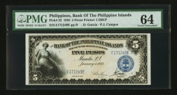 Philippines Bank of the Philippine Islands 5 Pesos 1.1.1933 Pick 22 PMG Choice Uncirculated 64. 

HID09801242017