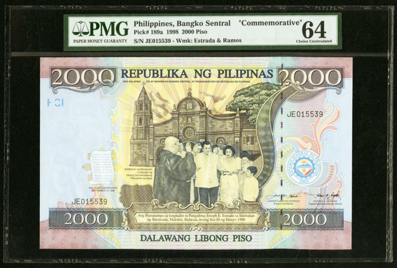 Philippines Bangko Sentral 2000 Piso 1988 Pick 189a PMG Choice Uncirculated 64. ...