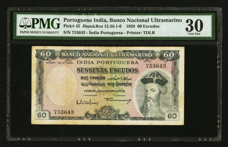 Portuguese India Banco Nacional Ultramarino 60 Escudos 2.1.1959 Pick 42 PMG Very...