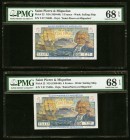 Saint Pierre and Miquelon Caisse Centrale de la France d'Outre Mer 5 Francs ND (1950-60) Pick 22 Two Consecutive Examples PMG Superb Gem Unc 68 EPQ. 
...