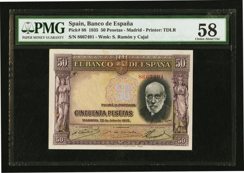 Spain Banco de Espana 50 Pesetas 22.7.1935 Pick 88 PMG Choice About Unc 58. Stap...