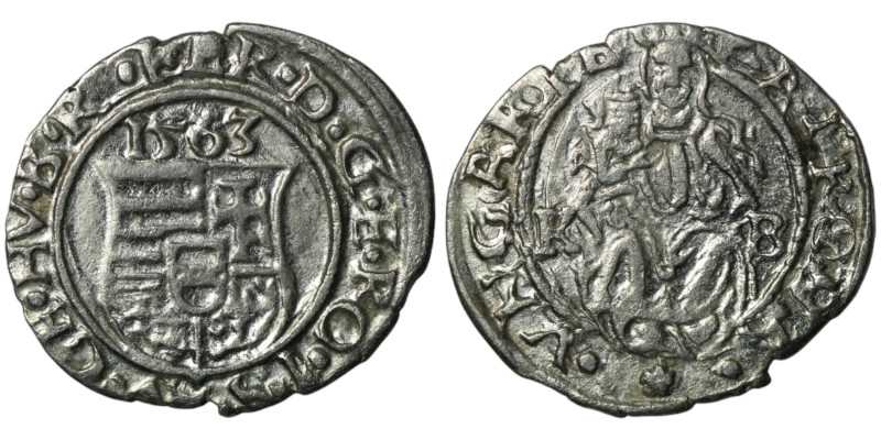 HUNGARY. Ferdinand I (AD 1526-1564). Kremnitz. dated (1563)
AR Denar (16mm, 0,51...
