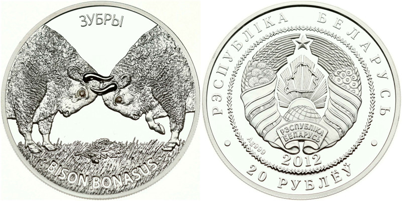 Belarus 20 Roubles 2012 European Bison. Silver .999 (two synthetic crystals), 31...