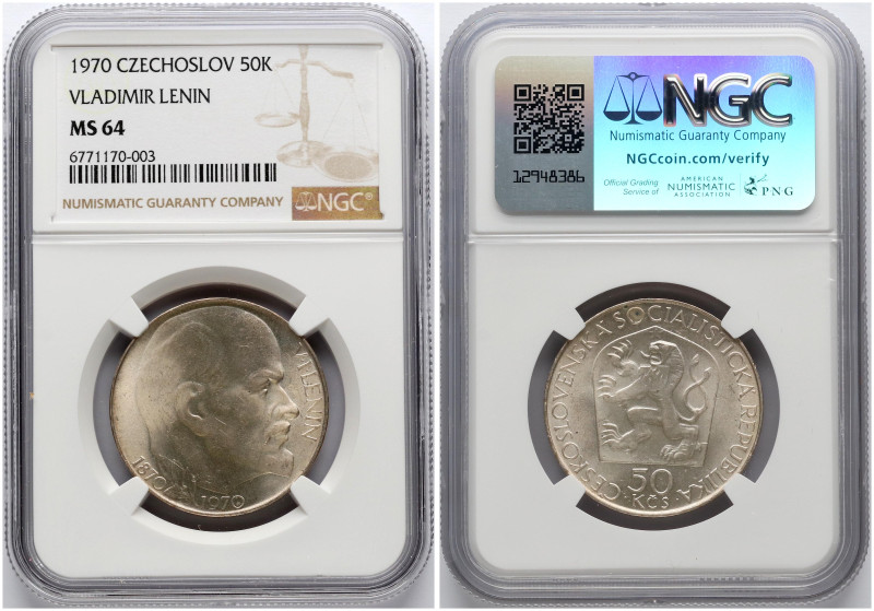 Czechoslovakia. 50 Korun 1970 100 Years - Birth of Lenin. Silver. KM 70. NGC MS ...