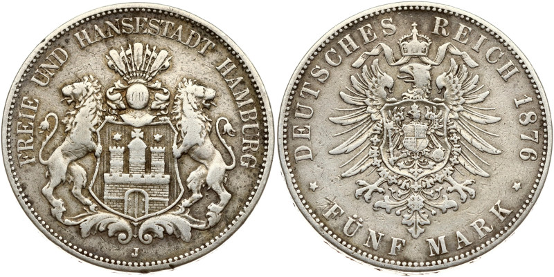 Germany, Hamburg. 5 Mark 1876 J. Silver 27.32 g. KM 598, Dav  658.