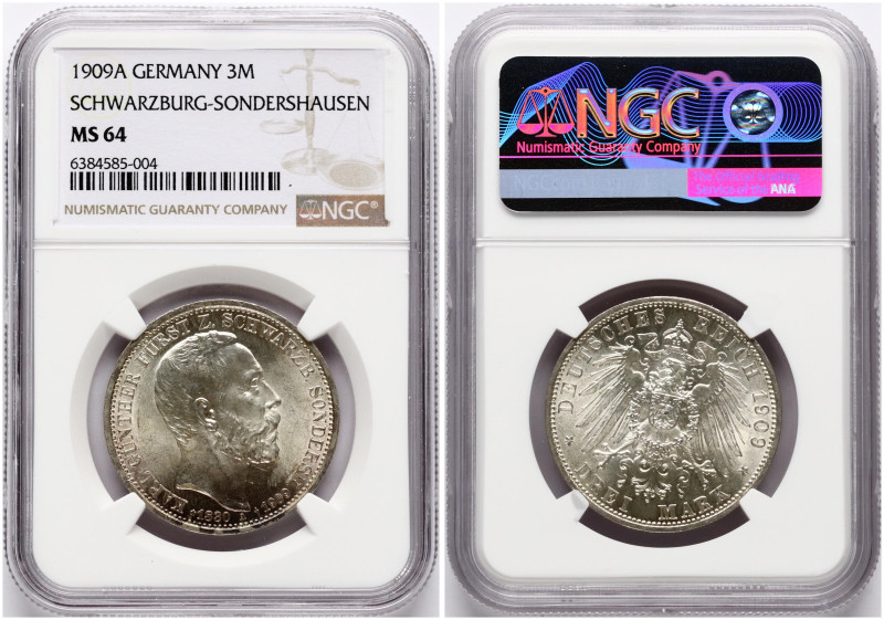 Germany, Schwarzburg-Sondershausen. Karl Günther (1880-1909). 3 Mark 1909 A, Dea...