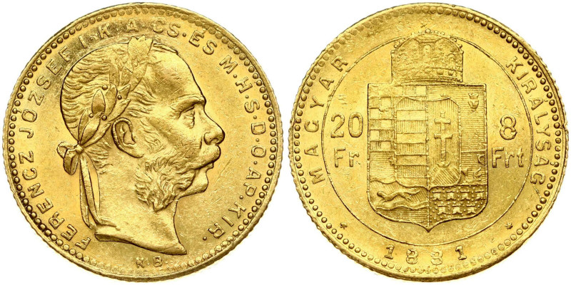 Hungary. Franz Joseph I (1848-1916). 8 Forint - 20 Francs 1881 KB. Gold 6.43 g. ...