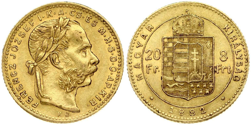 Hungary. Franz Joseph I (1848-1916). 8 Forint - 20 Francs 1882 KB. Gold 6.43g. F...