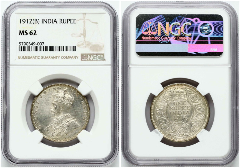 British India. George V (1910-1936). 1 Rupee 1912 B. Silver. KM-524. NGC MS 62