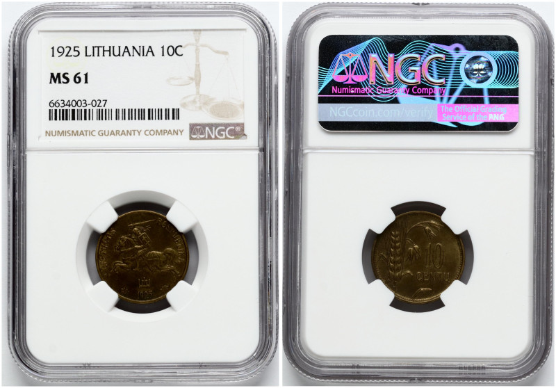 Lithuania. 10 Centu1925. Aluminum-bronze. KM 73. NGC MS 61