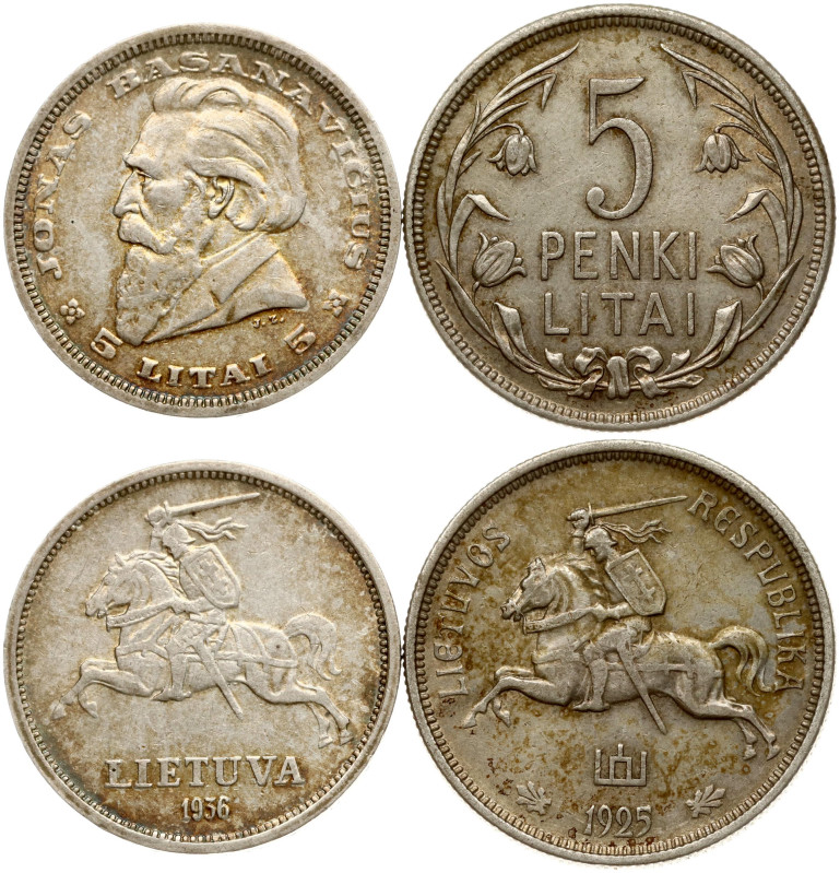 Lithuania. 5 Litai 1925 & 1936. Silver, total weight 22.38 g. KM 78, 82. Lot of ...