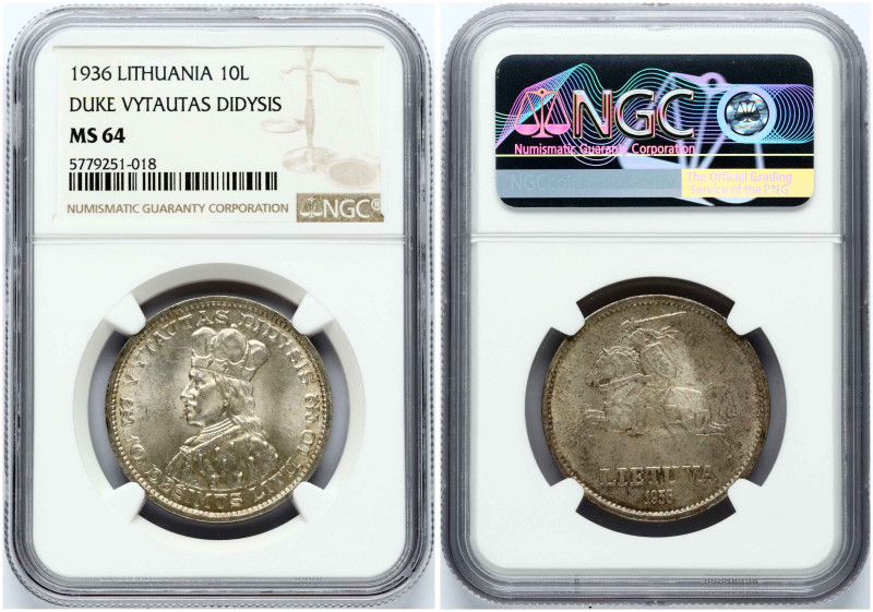 Lithuania 10 Litų 1936 Vytautas. Silver. KM-83. NGC MS 64