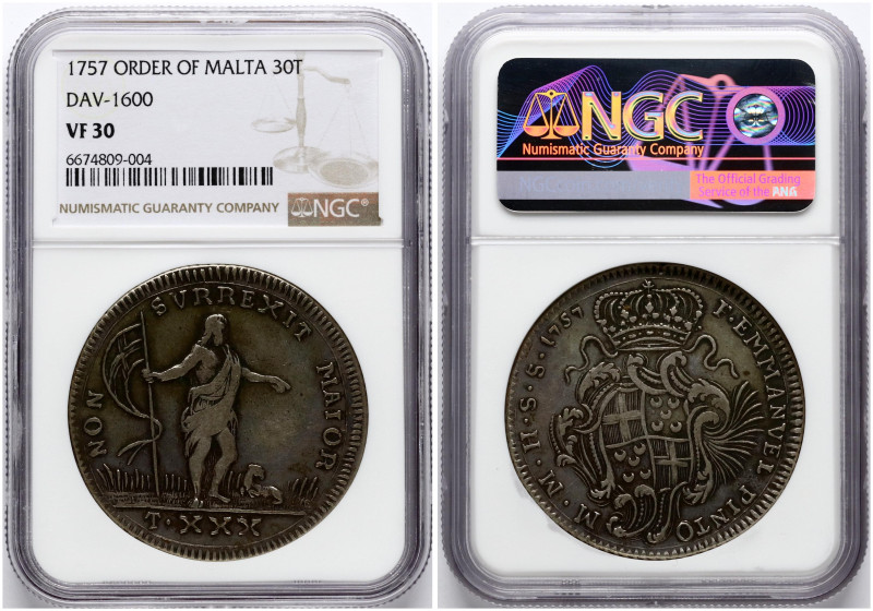 Malta. Manuel Pinto of Fonseca (1741-1773). 30 Tari 1757. Silver. KM A256, Dav 1...